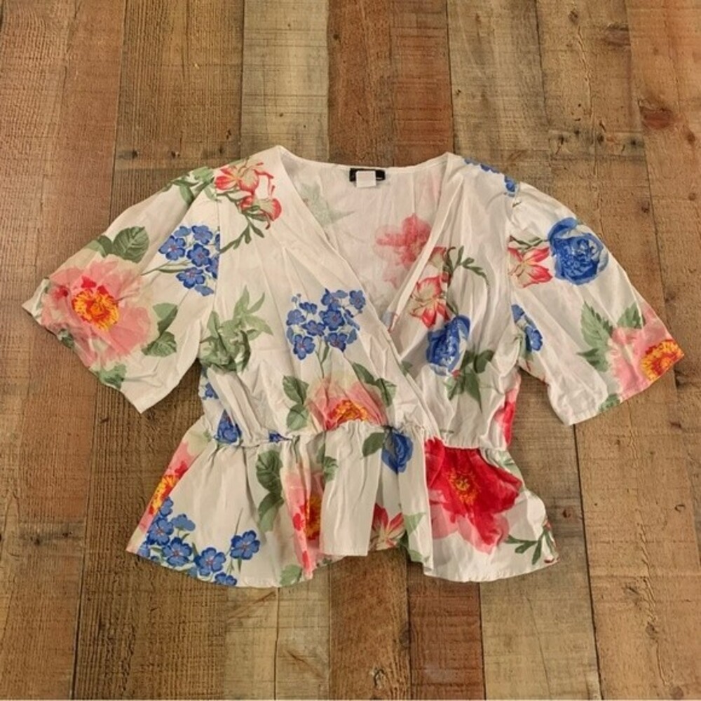 NY invasion womens linen short sleeve flowy floral blouse -L